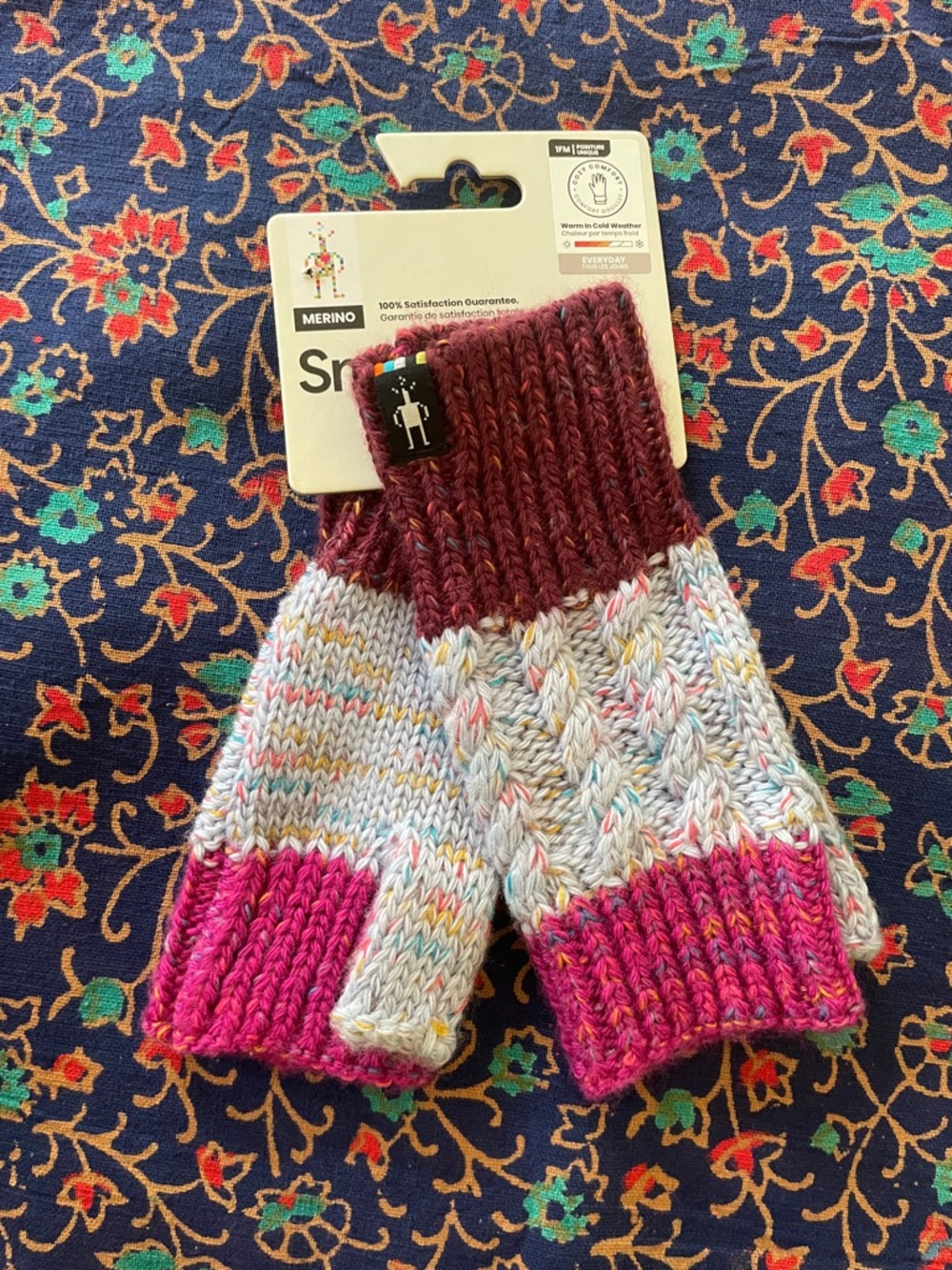 Smartwool Multicolor Cable Knit Fingerless Mitts - Burgundy & Pink